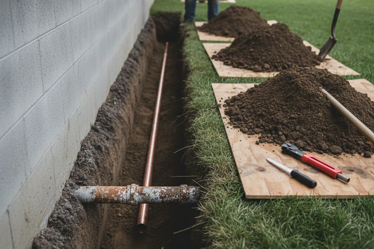 Excavated water line trench during Water Softener Installation in Cut Off